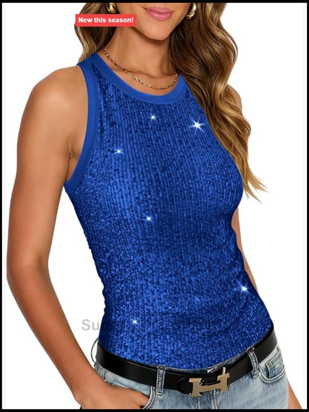 Sequin Tank Top Women Sleeveless Crewneck Slim Fit Glamour Party Sparkle